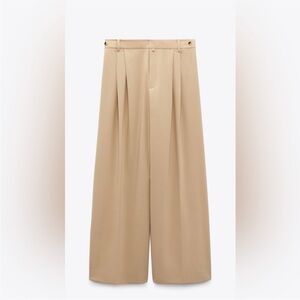 Zara Wide Leg Pleated Trousers in Beige high waist button waist adjustable khaki
